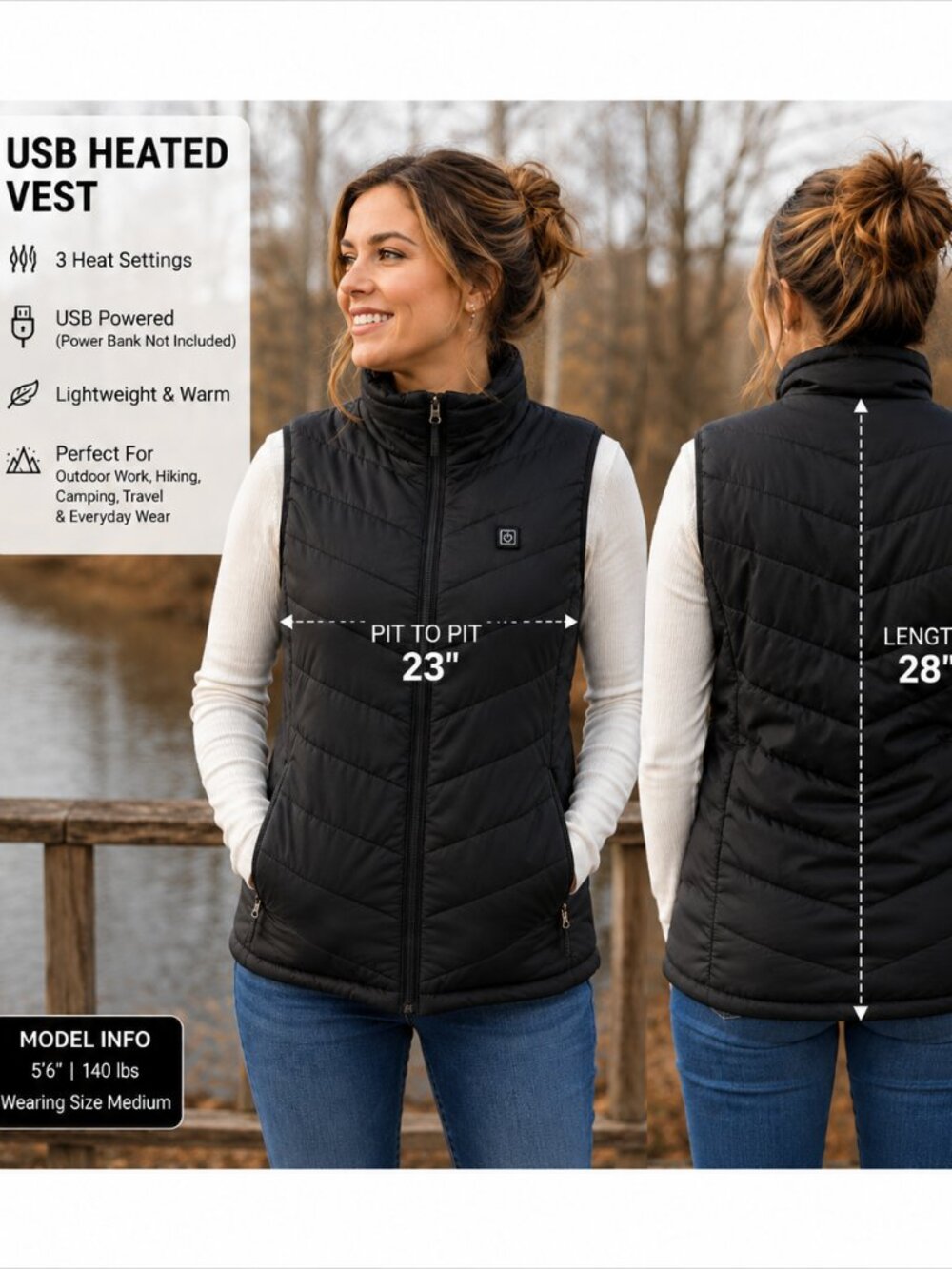USB Heated Vest Black Size M 3 Heat Settings Full Zip NO Power Bank Included